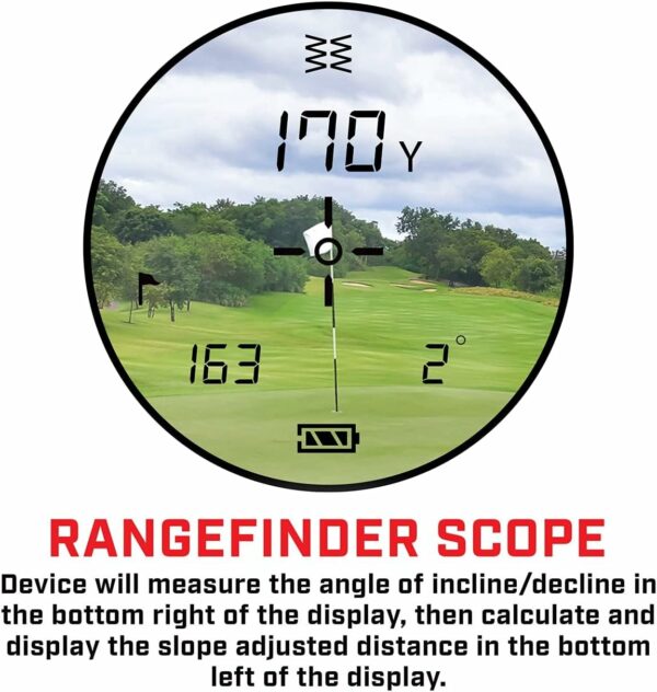 View through a golf rangefinder showing 170 yards, 163 slope-adjusted yards, and a 2-degree angle on a golf flag