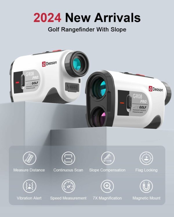 Deason GR08 Pro golf rangefinder advertisement showcasing 2024 new arrivals, highlighting features like slope compensation, flag locking, and vibration alert.