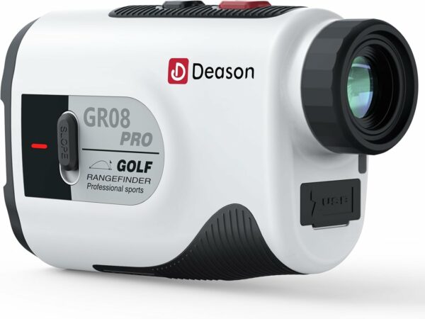 Image of the Deason GR08 Pro, a golf rangefinder equipped with slope adjustment and USB port for professional golfers