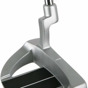 Metallic golf putter with broad flat head designed for putting on the green