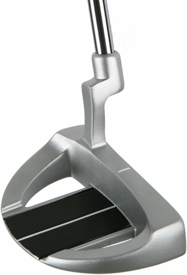 Metallic golf putter with broad flat head designed for putting on the green