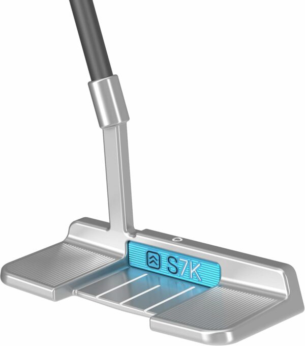 Silver golf putter with blue accent labeled S7K