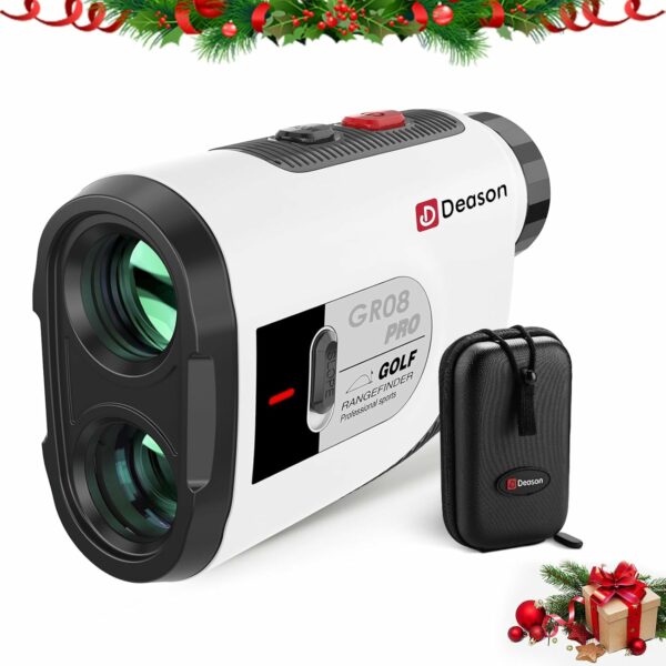 Deason GR08 Pro golf rangefinder with carrying case and holiday-themed decorations