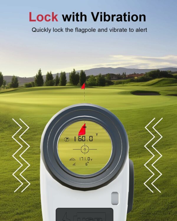 Golf rangefinder displaying distance to flagpole with lock and vibration feature