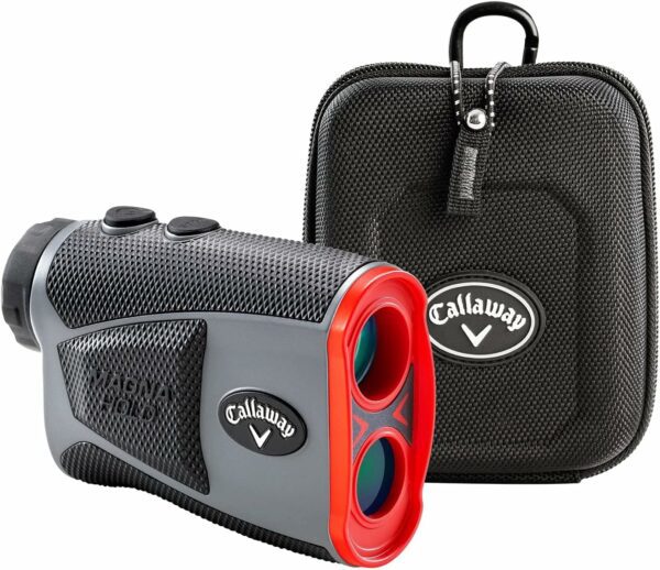 Callaway golf rangefinder with textured grip, dual lenses, red accent, and black carrying case with zipper and clip