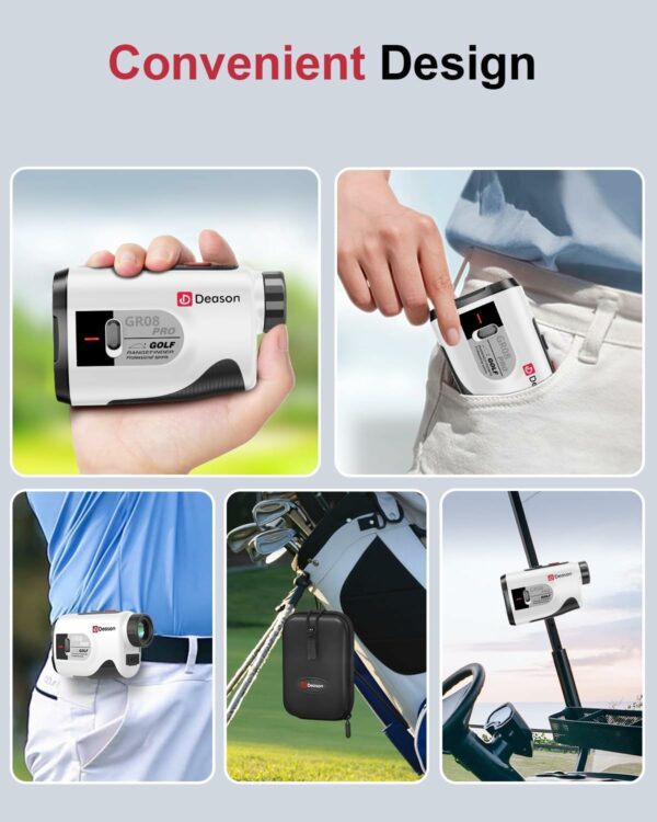 Deason golf rangefinder emphasizing its portability features including hand-held, pocket-sized, belt attachment, golf bag hanging, and golf cart mounting.