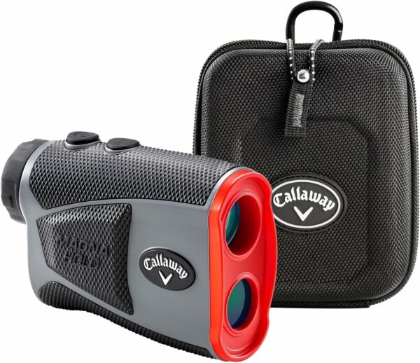 Gray Callaway MAGNA HOLD rangefinder with black and red accents next to a black Callaway carrying case