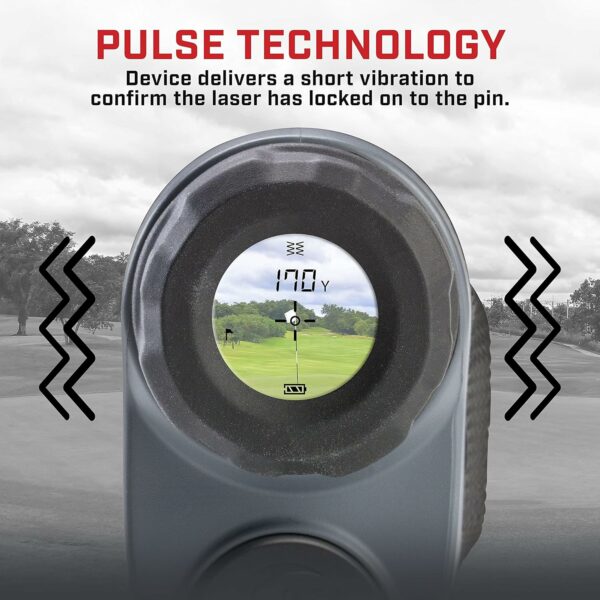 Close-up view of golf rangefinder display showing 170 yards to target with pulse technology confirmation