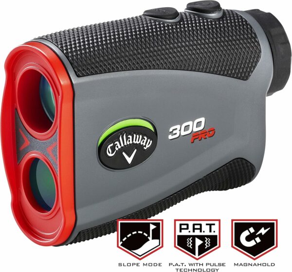 Callaway 300 Pro rangefinder featuring slope mode, P.A.T. with pulse technology, and magnahold, gray and black body with red front