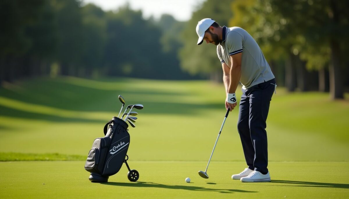 A golfer mid-swing with Cobra Fly XL Package Set on green fairway.