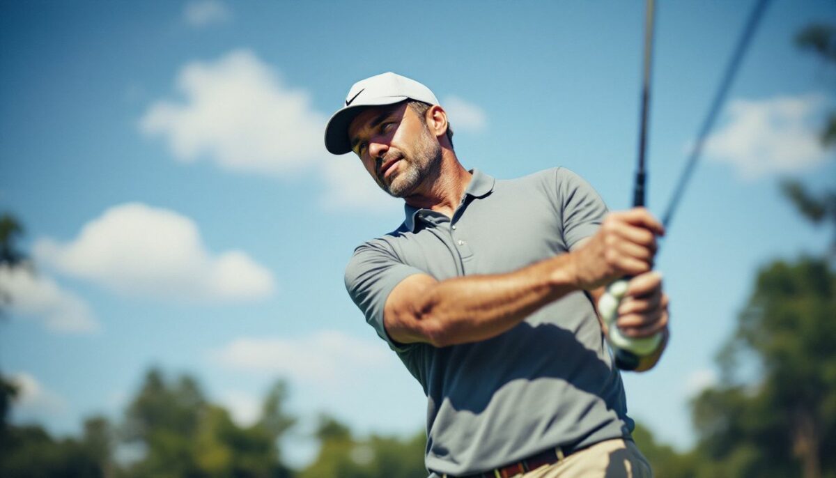 A man in his 30s casually playing golf with beginner equipment.