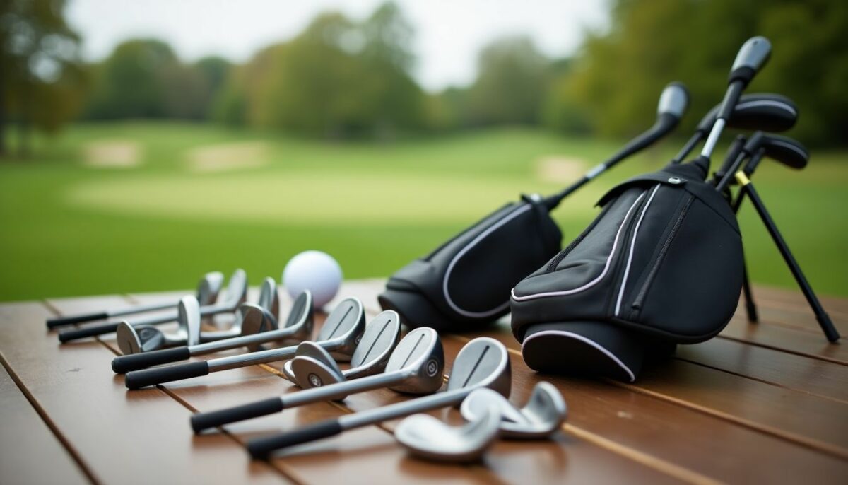 A comparison table of top golf starter sets on a wooden surface.