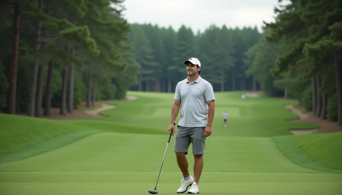 A golfer prepares to tee off on a green fairway surrounded by trees.