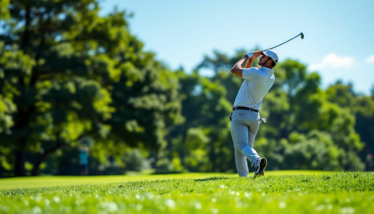 A beginner golfer swinging a titanium driver on a lush green course.