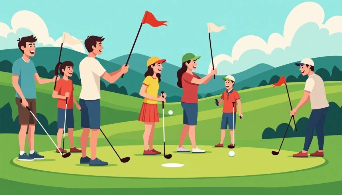 A group of diverse beginners practice golf with friendly instructors.