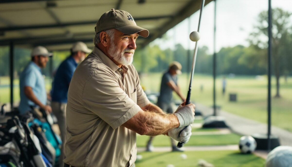 A man in his 40s hitting golf balls at a local driving range.