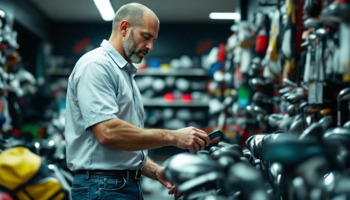 A man in his late 30s browsing golf clubs and accessories in a sports equipment store.