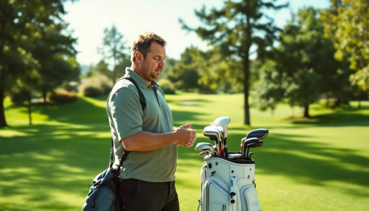 A beginner golfer choosing between a lightweight stand bag and a cart bag on a sunny golf course.