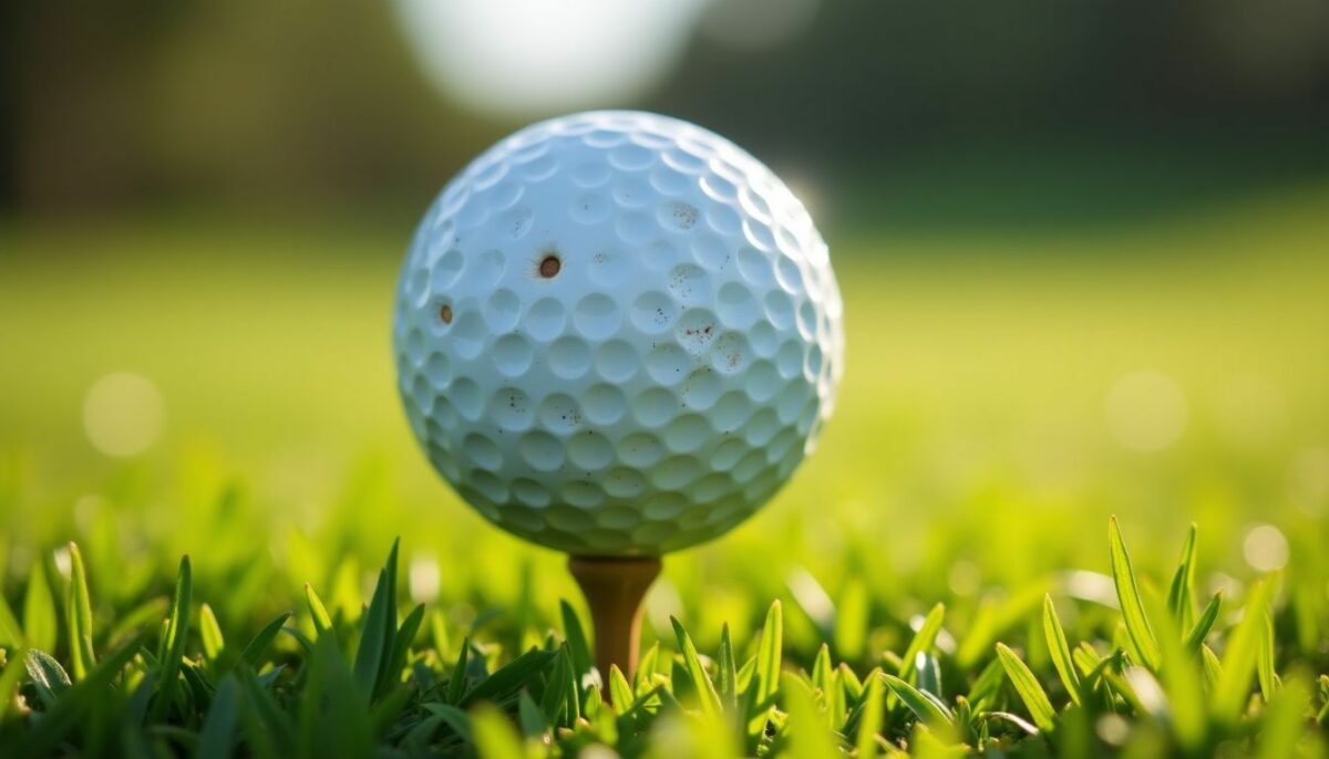 A well-worn golf ball on a tee surrounded by fresh grass.