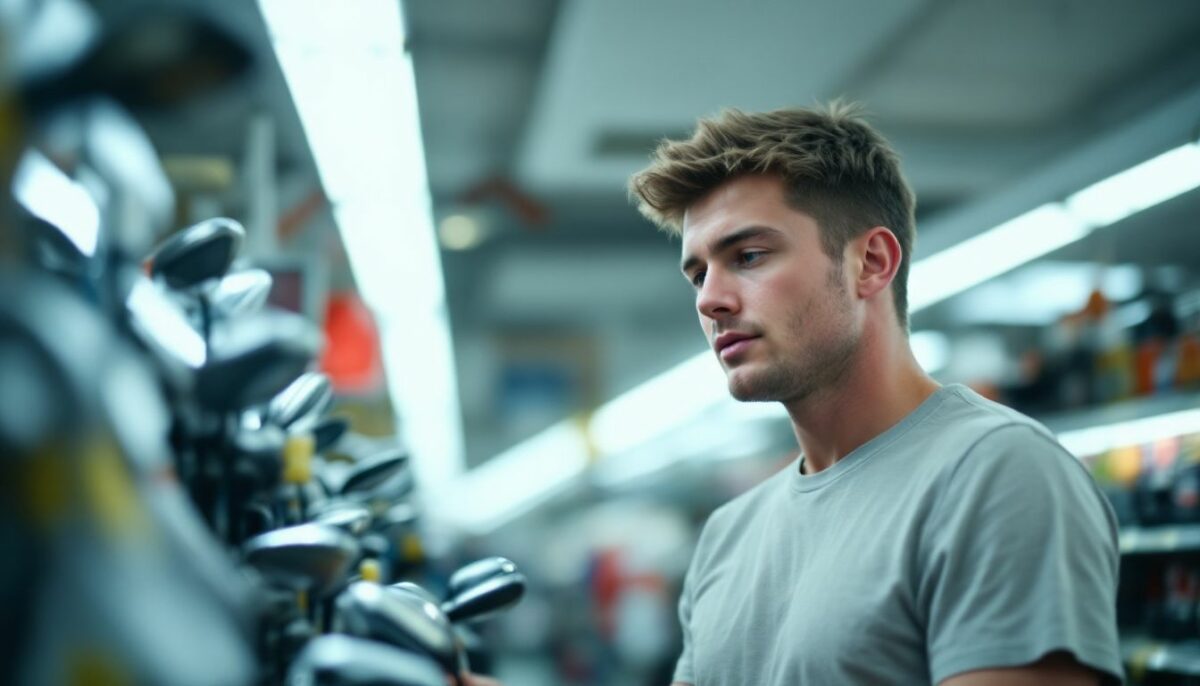 A man examines golf starter sets in a sporting goods store.