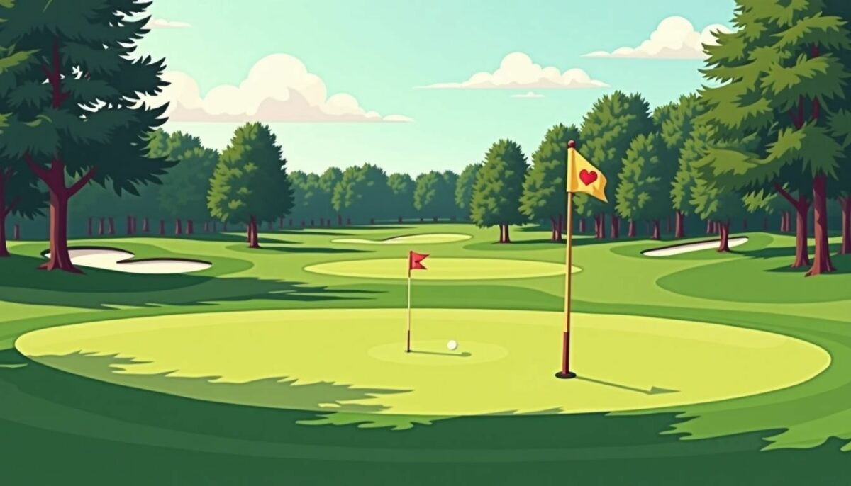 A peaceful golf course with well-kept fairways and fluttering flags.