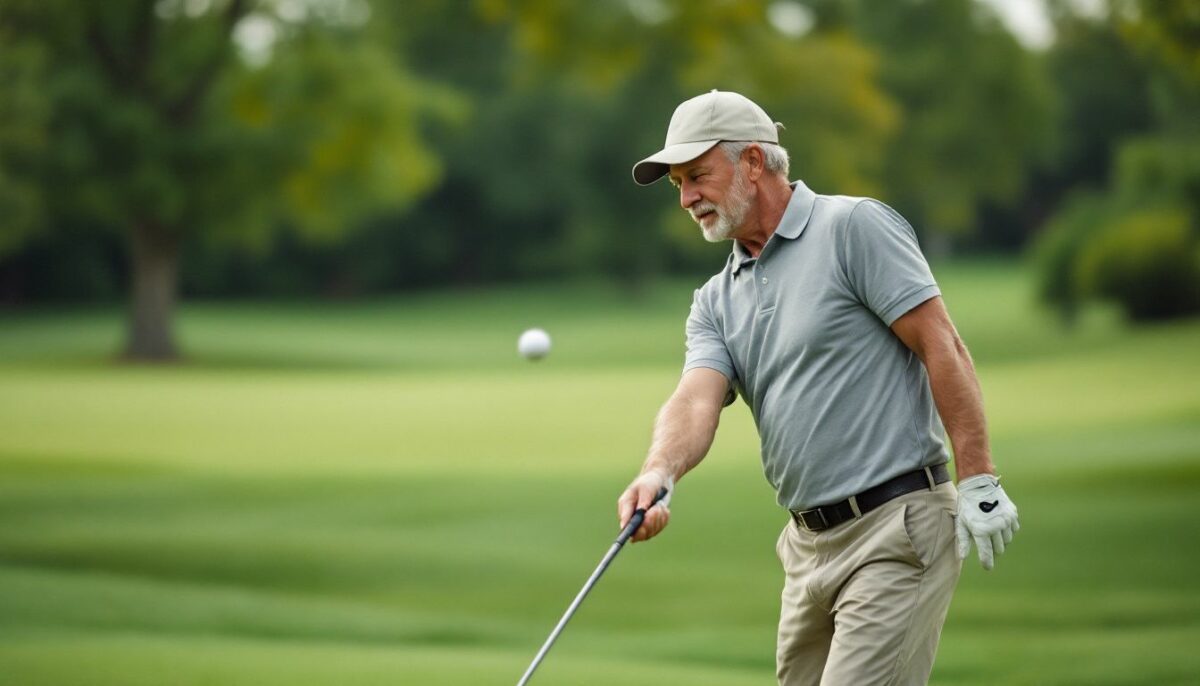 A man in casual golf attire practices his swing on a golf course.