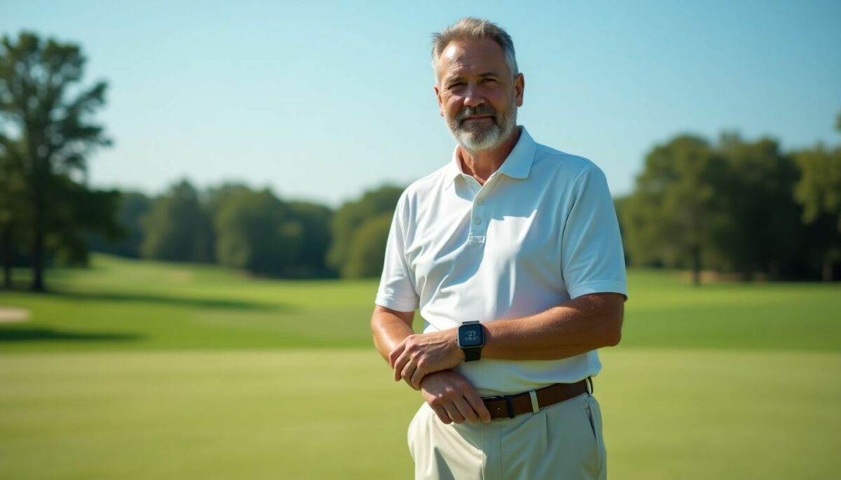 A man in a golf outfit using a GPS watch on the course.