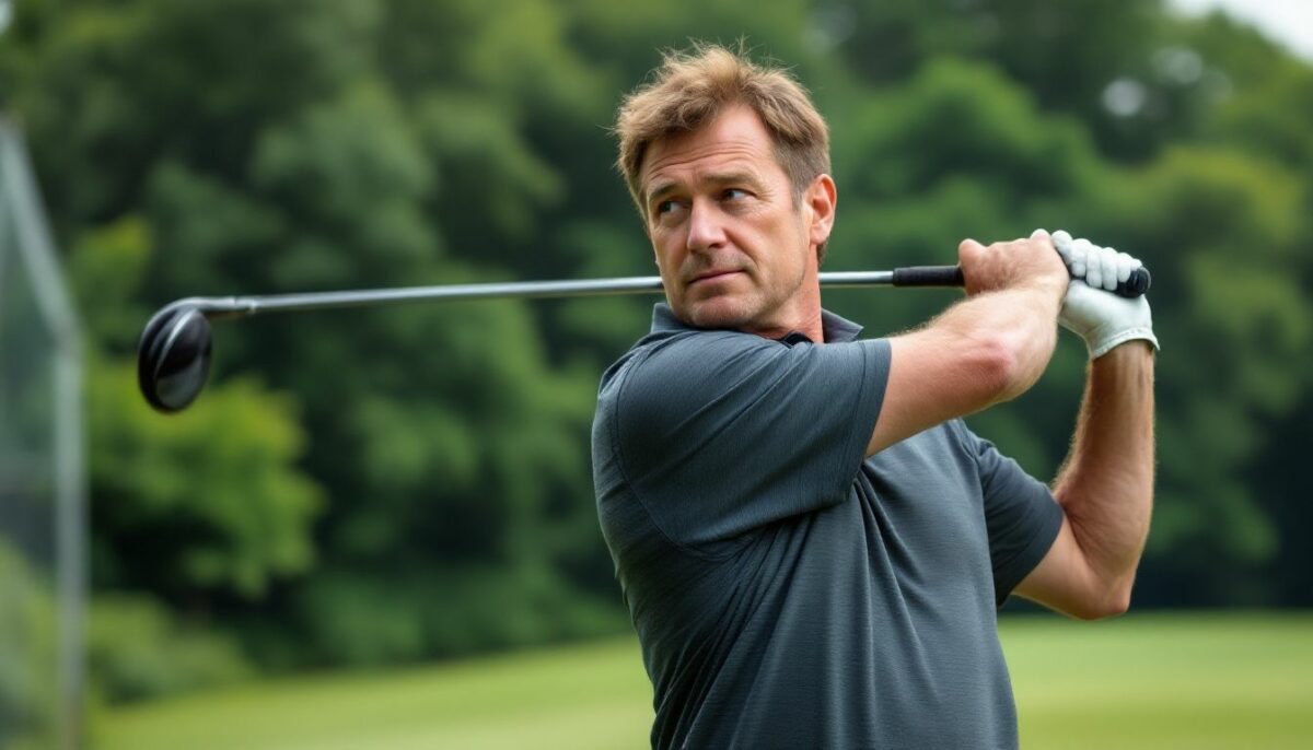 A middle-aged man practices golf swing at local driving range.