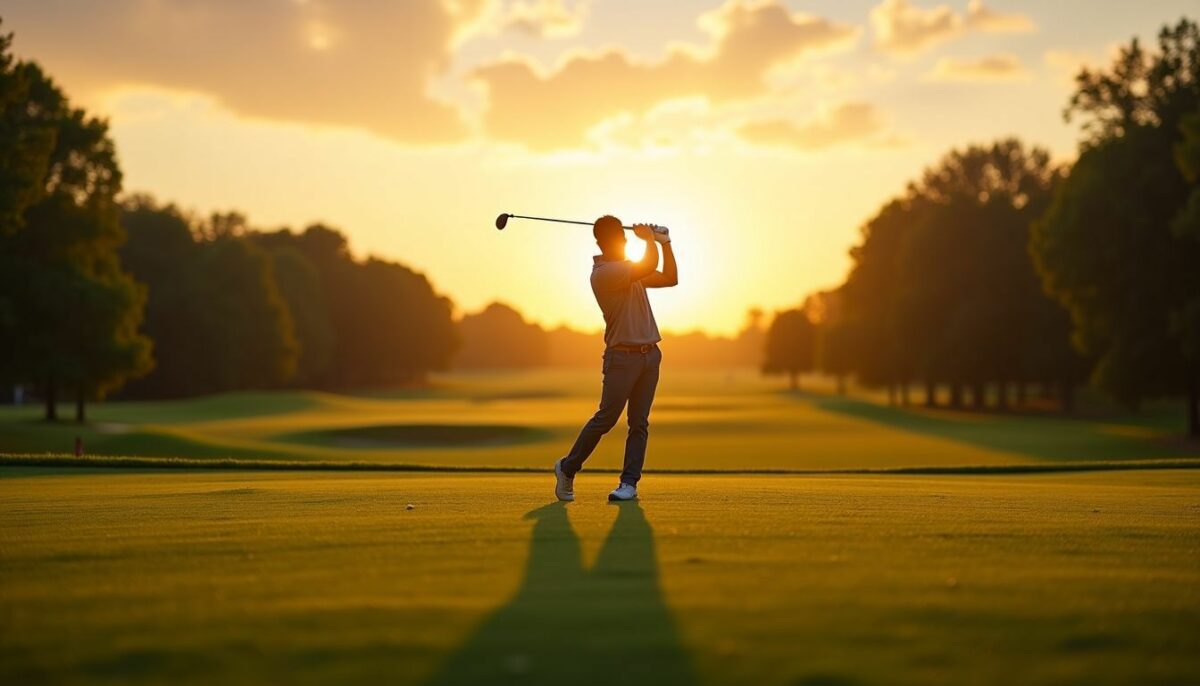 A golfer practices at a serene golf course at sunset.