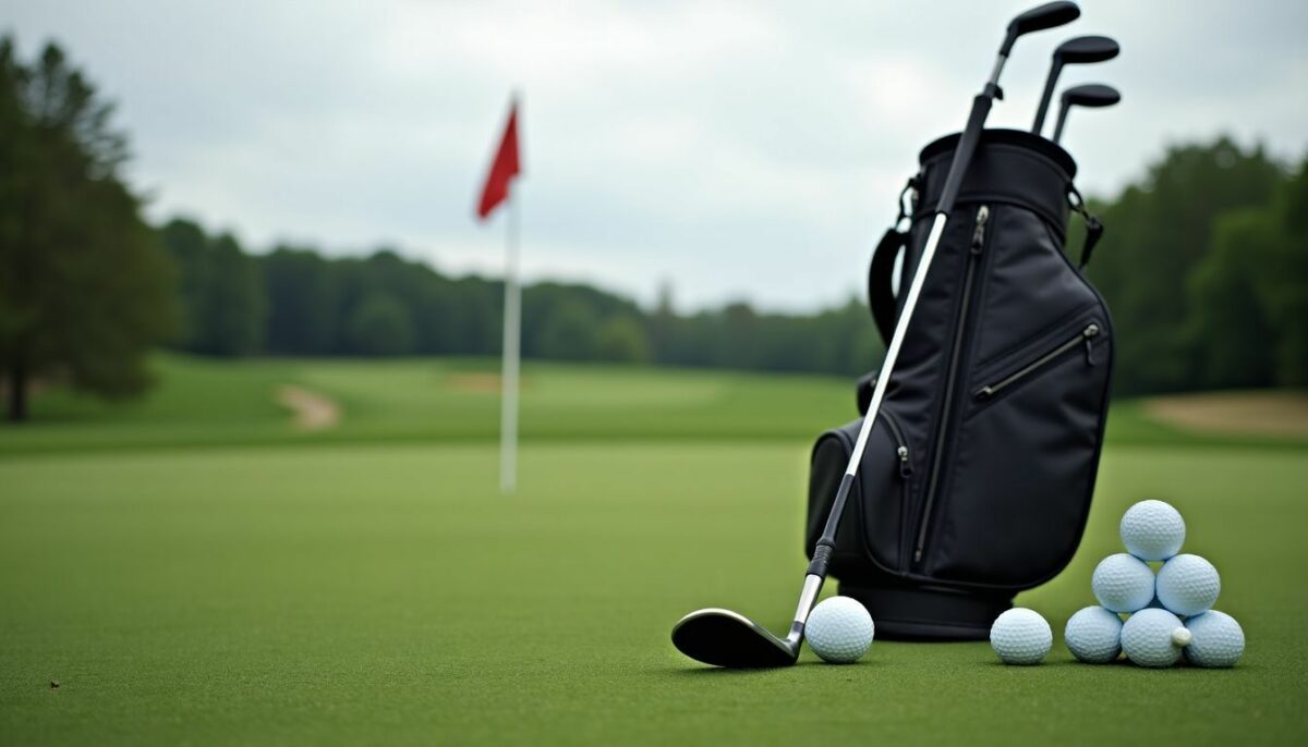 A golf club, bag, and balls on a putting green.