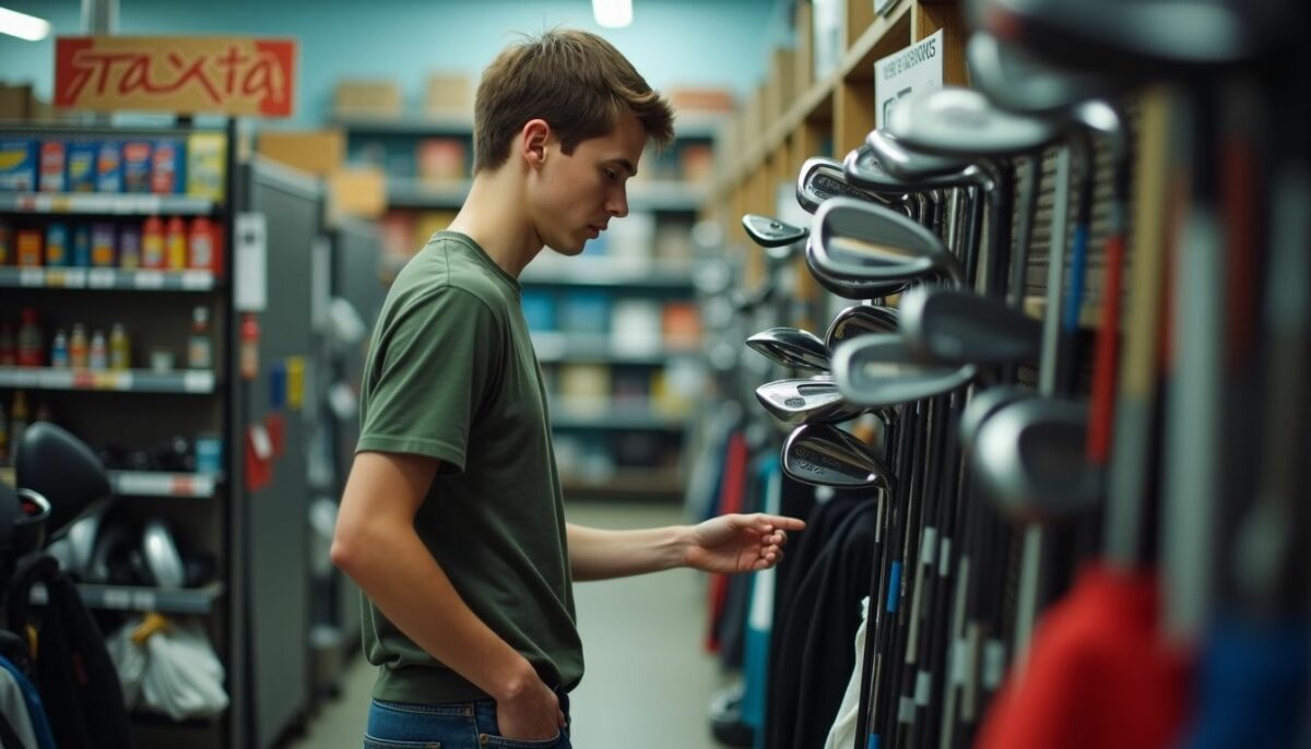 A young man browsing used golf clubs at a sports store.