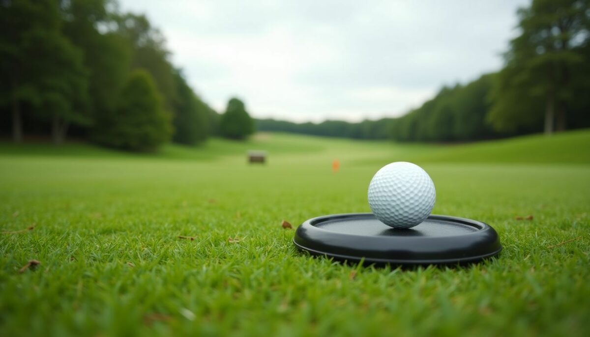 A golf training aid set on a well-maintained grassy field.