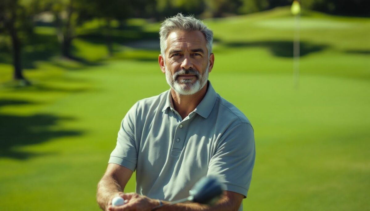 A man prepares to hit a golf ball on a green course.