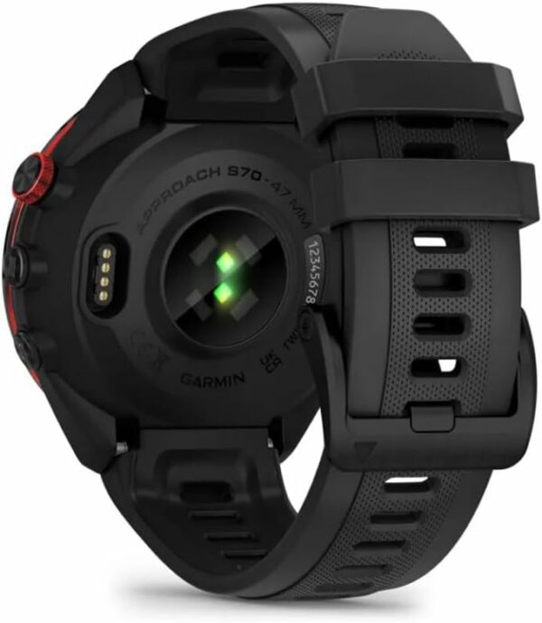 Back view of the Garmin Approach S70 smartwatch showing the heart rate sensor, charging connectors, and silicone strap, 47mm model.