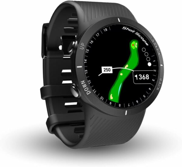 Shot Scope GPS smartwatch displaying golf course layout with hazard distances and green visualization