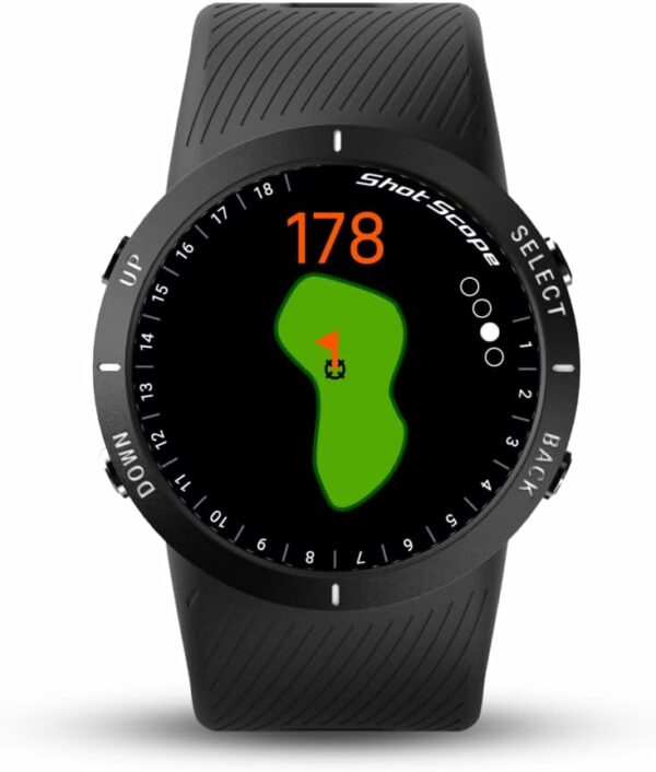 Shot Scope V5 GPS golf watch displaying 178 yards to the green with hole layout and pin location