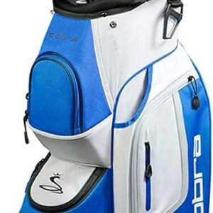 Blue and white Cobra golf bag featuring storage compartments and a mix of irons, woods, and a putter