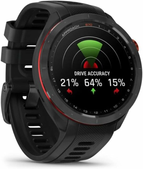 Garmin Approach S70 smartwatch displaying golf drive accuracy percentages for shot distribution analysis