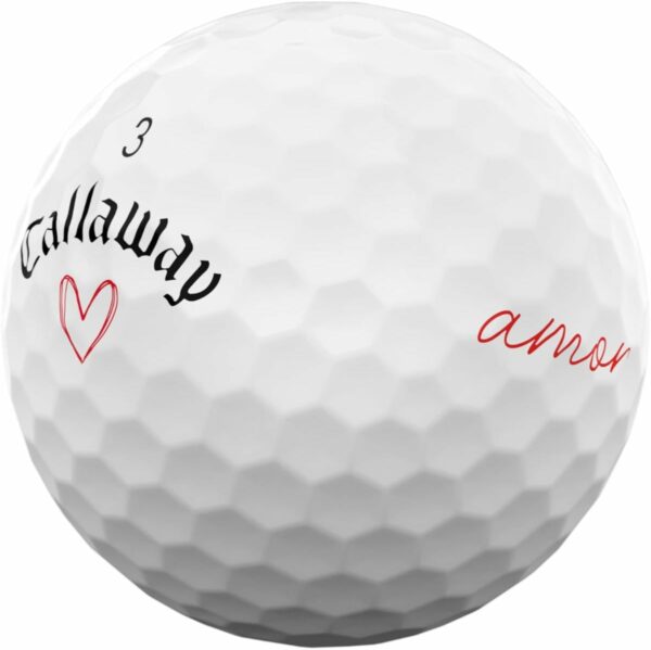 White Callaway golf ball featuring a red heart, the word 'amor' in cursive red font, and the number 3 printed on it