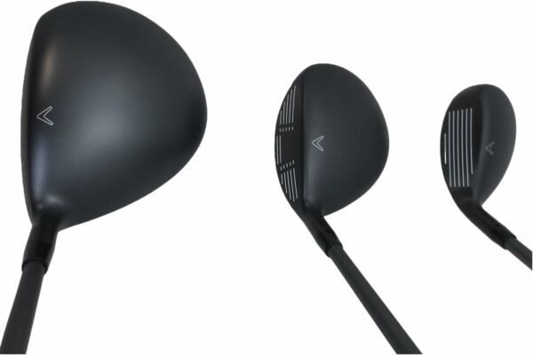 Close-up view of black golf club heads including a driver, a wood, and a hybrid featuring aerodynamic shapes and grooved striking faces