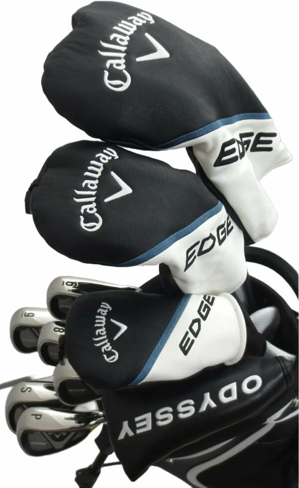 Set of Callaway Edge golf clubs with protective headcovers and an Odyssey putter in a golf bag