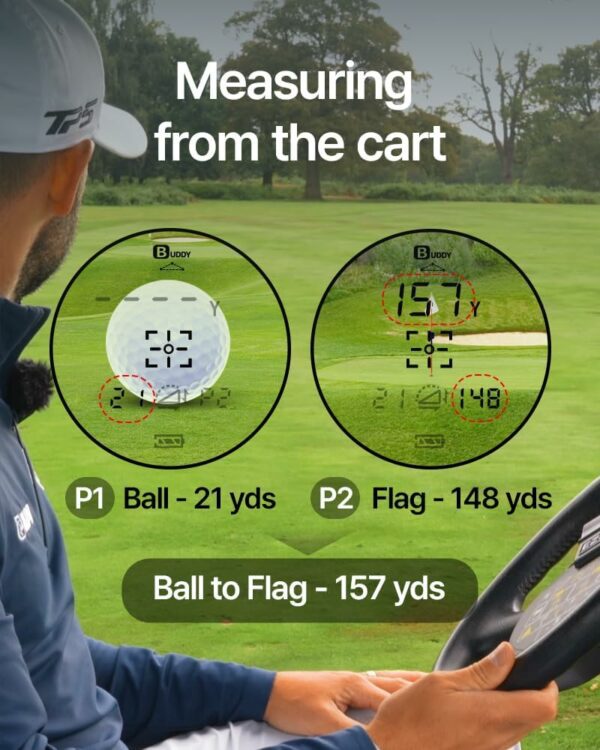 Golfer using a distance measuring device from a golf cart to calculate 157 yards to the flag