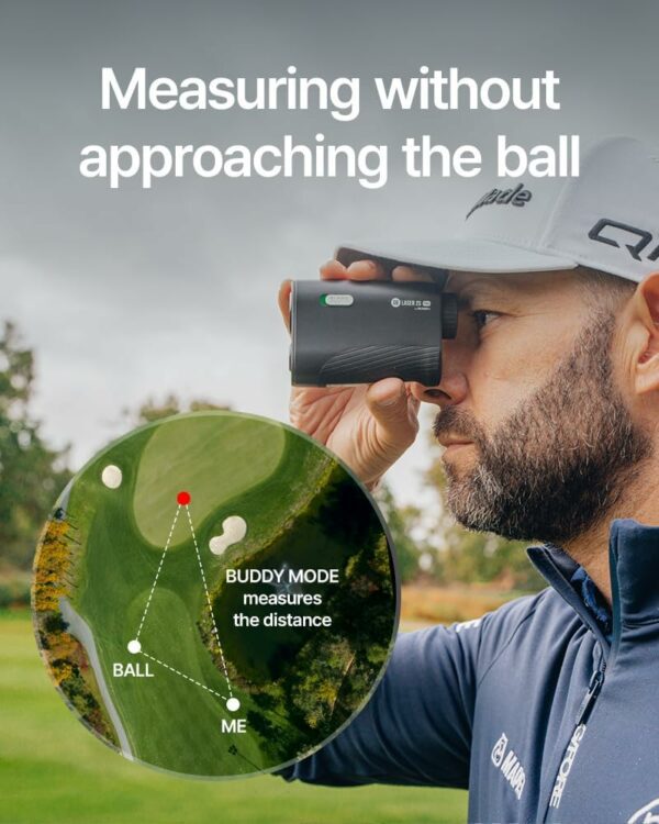 Person using a golf rangefinder with Buddy Mode feature to measure the distance to a ball remotely on a golf course