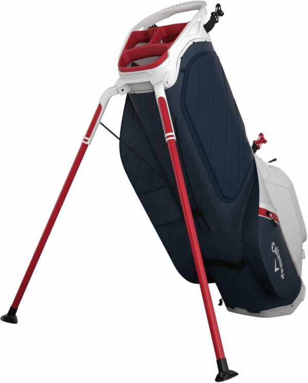 Golf bag with retractable red legs designed by Callaway, offering lightweight portability and upright standing support