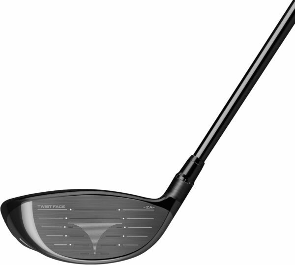 Close-up of a golf driver showcasing Twist Face technology on the clubhead for improved shot precision and distance