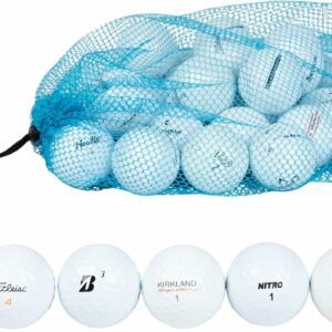 Close-up of a blue mesh bag filled with assorted golf balls highlighting brands like Callaway, Titleist, Bridgestone, Kirkland, Nitro, Top Flite, and Srixon