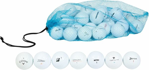 Close-up of a blue mesh bag filled with assorted golf balls highlighting brands like Callaway, Titleist, Bridgestone, Kirkland, Nitro, Top Flite, and Srixon