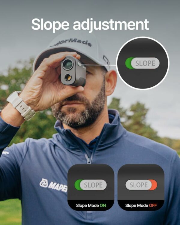 Golf rangefinder slope adjustment mode toggle, green for on and orange for off, held by a person outdoors