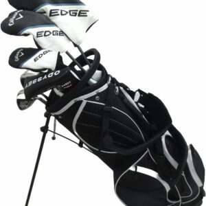 Golf bag featuring Callaway Edge and Odyssey branded headcovers, equipped with a built-in stand for easy carrying on the golf course