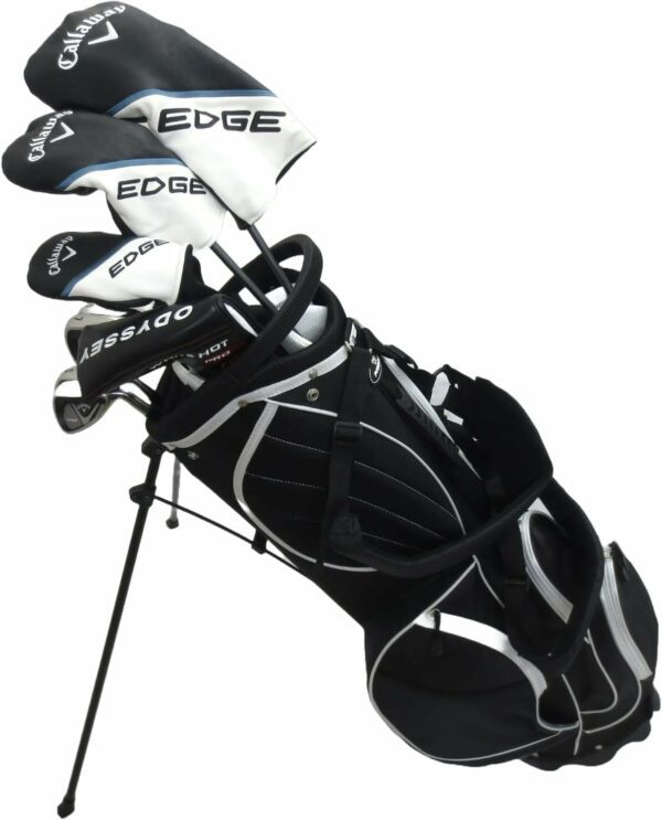 Golf bag featuring Callaway Edge and Odyssey branded headcovers, equipped with a built-in stand for easy carrying on the golf course